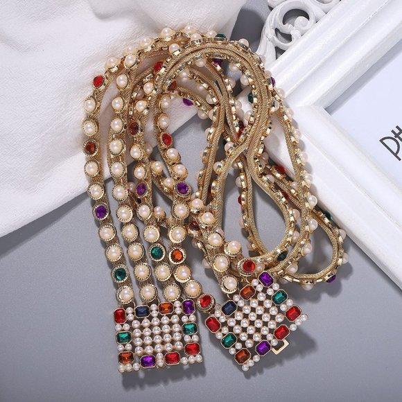 Luxury Pearl & Rhinestone High-Waist Belt – XS – Colorful Jeweled Couture Style main image 2